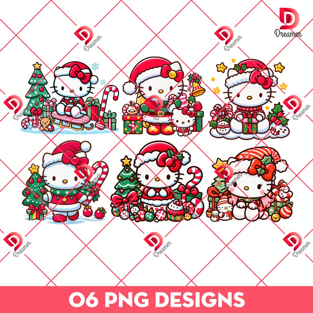 Bundle Hello Kitty Christmas PNG, Merry Christmas Cartoon Cute Kitty PNG Bundle