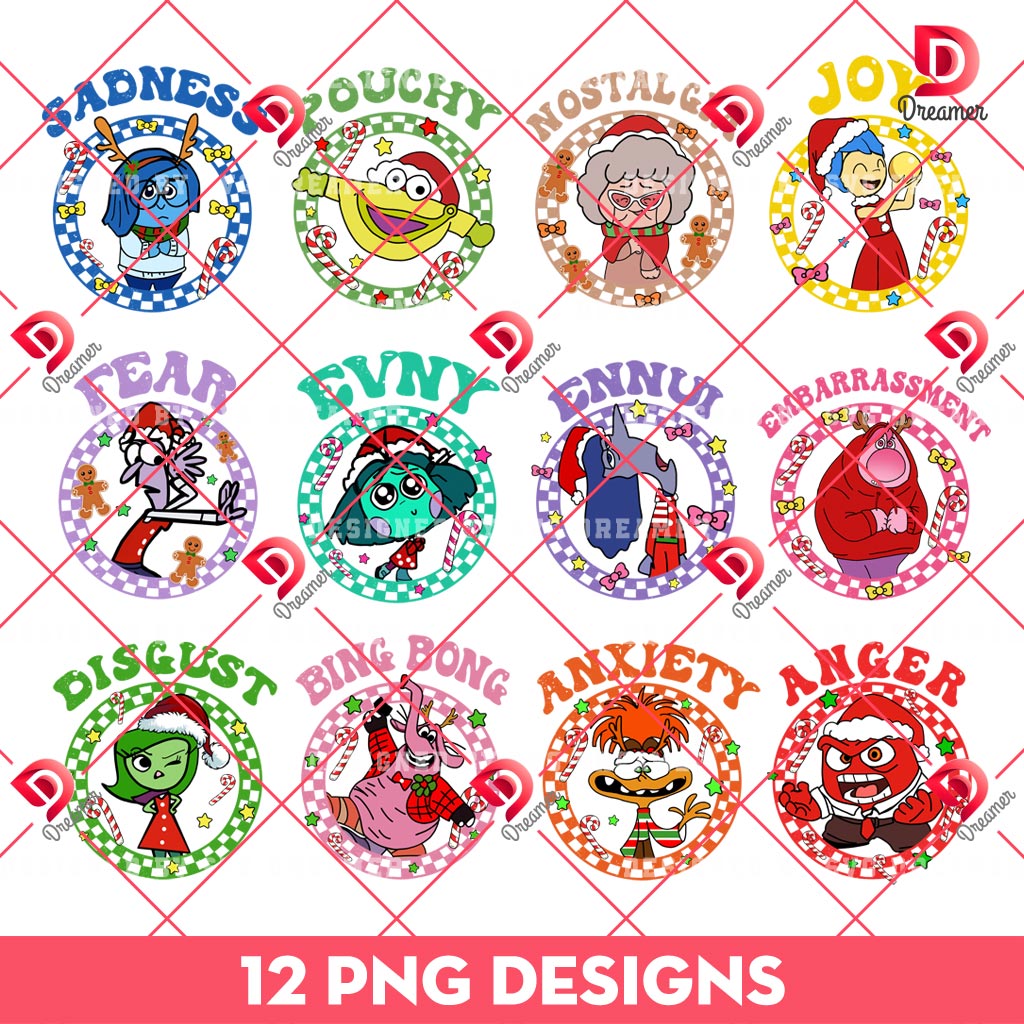 Bundle Inside Out Checkered Christmas PNG, Merry Christmas Inside Out Characters Bundle PNG