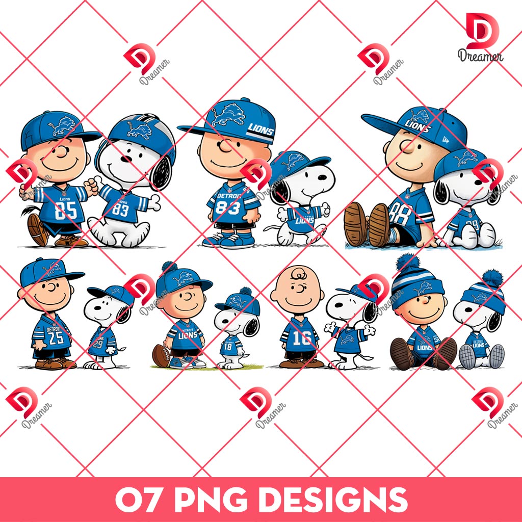 Bundle Snoopy And Charlie Brown Detroit Lions PNG, Peanuts Cartoon NFL Football Lions PNG Bundle