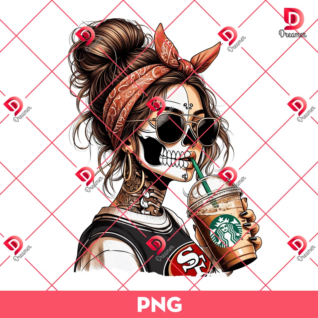 Chicana Messy Bun Girl SF 49ers PNG, NFL Football San Francisco 49ers Chicana Drinks Coffee PNG