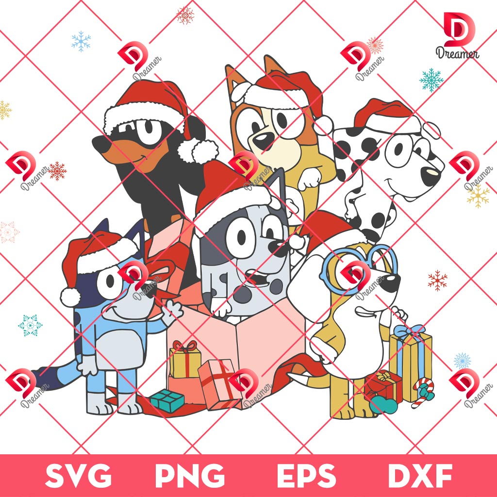Christmas Bluey Friends SVG PNG, Merry Xmas Bluey Dog Cartoon SVG PNG