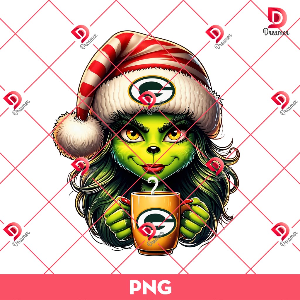 Christmas Boujee Grinch Girl GB Packers PNG, Cute Grinch Girl Green Bay Packers NFL Football PNG