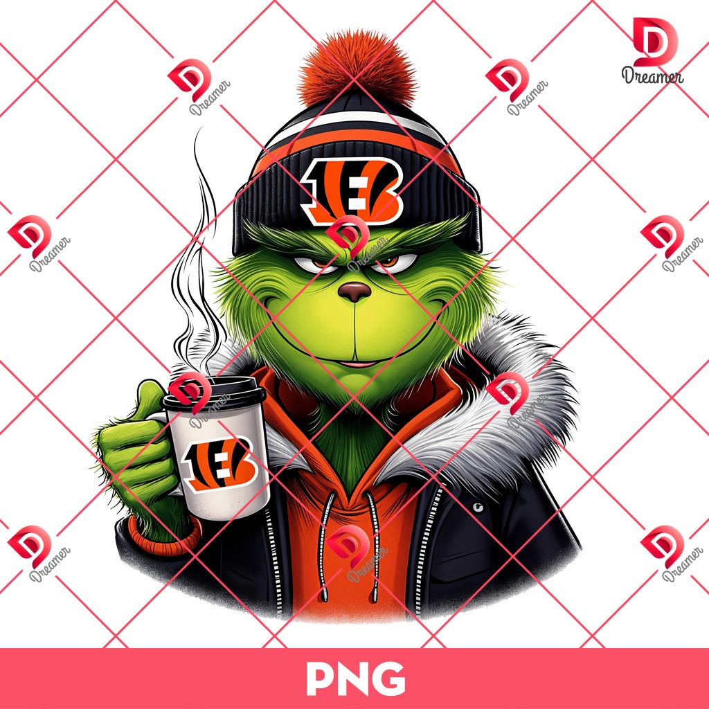 Cincinnati Bengals Grinch PNG, Grinchmas Drinks Coffee NFL Bengals Football PNG