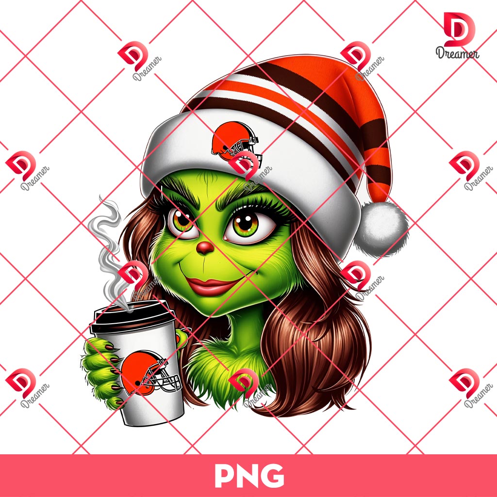 Cleveland Browns Grinch Girl NFL PNG, Grinchmas Coffee Football Christmas PNG