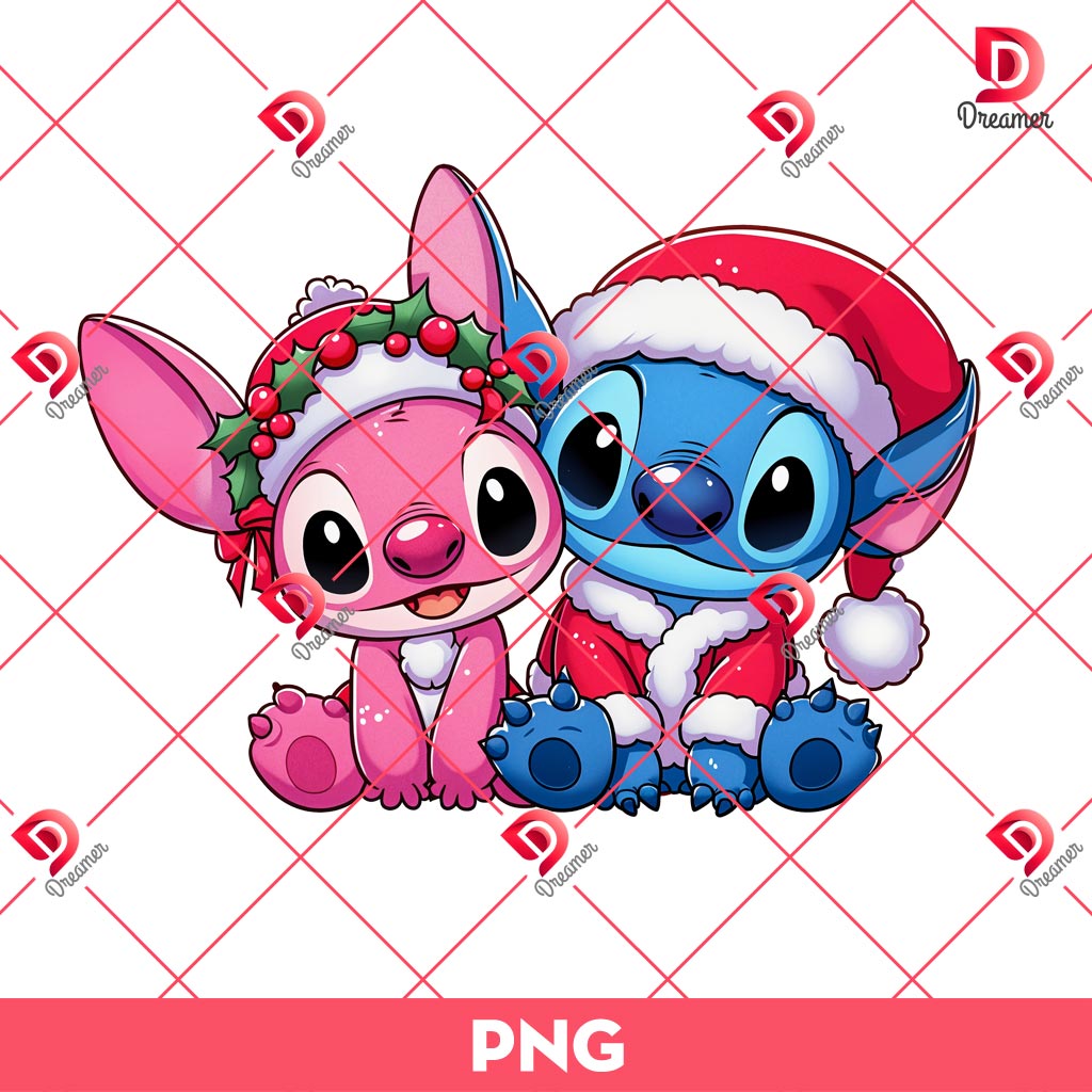Cute Couple Stitch Christmas PNG, Merry Christmas Cartoon Stitch PNG