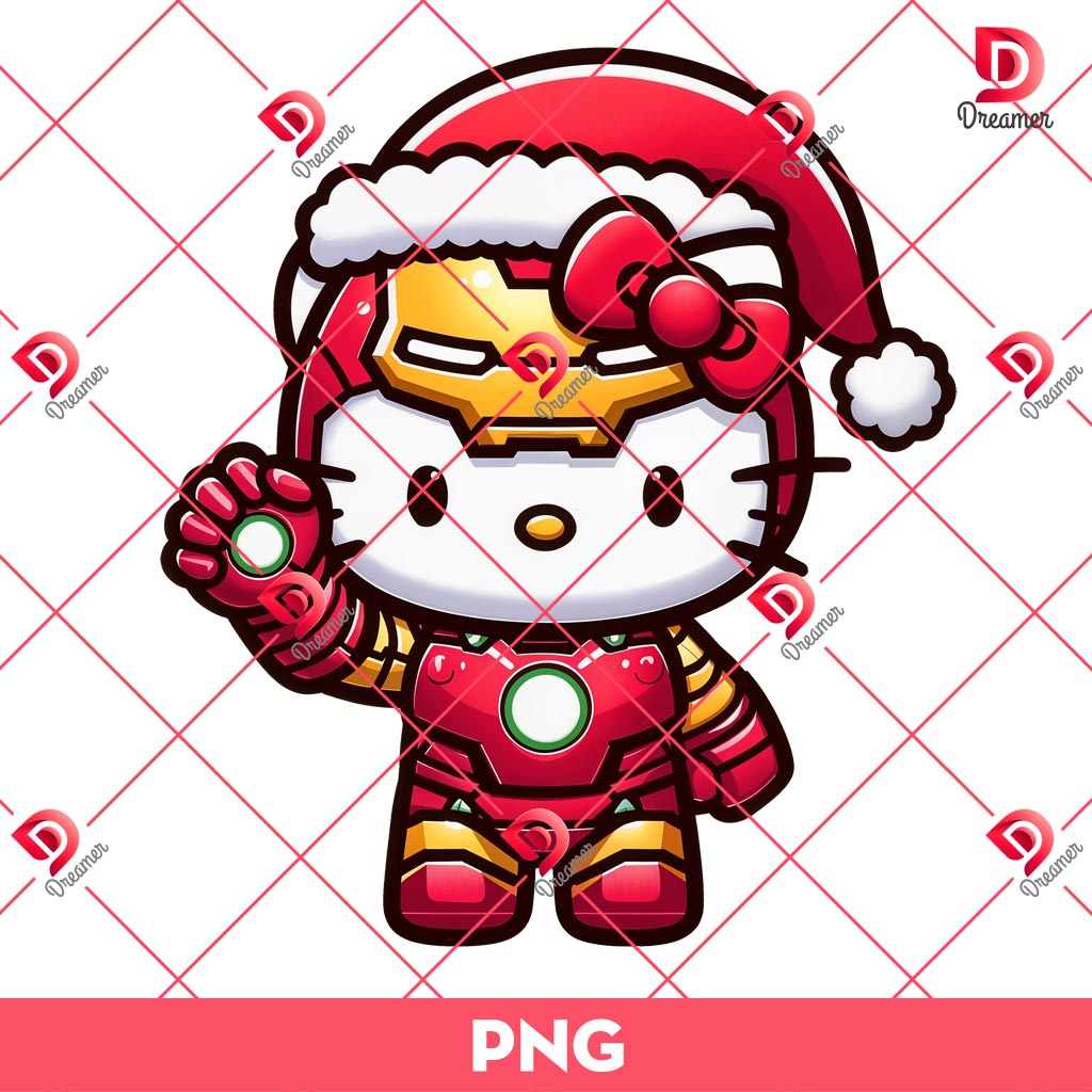 Cute Hello Kitty Iron Man Christmas PNG, Merry Christmas Superhero Kitty PNG
