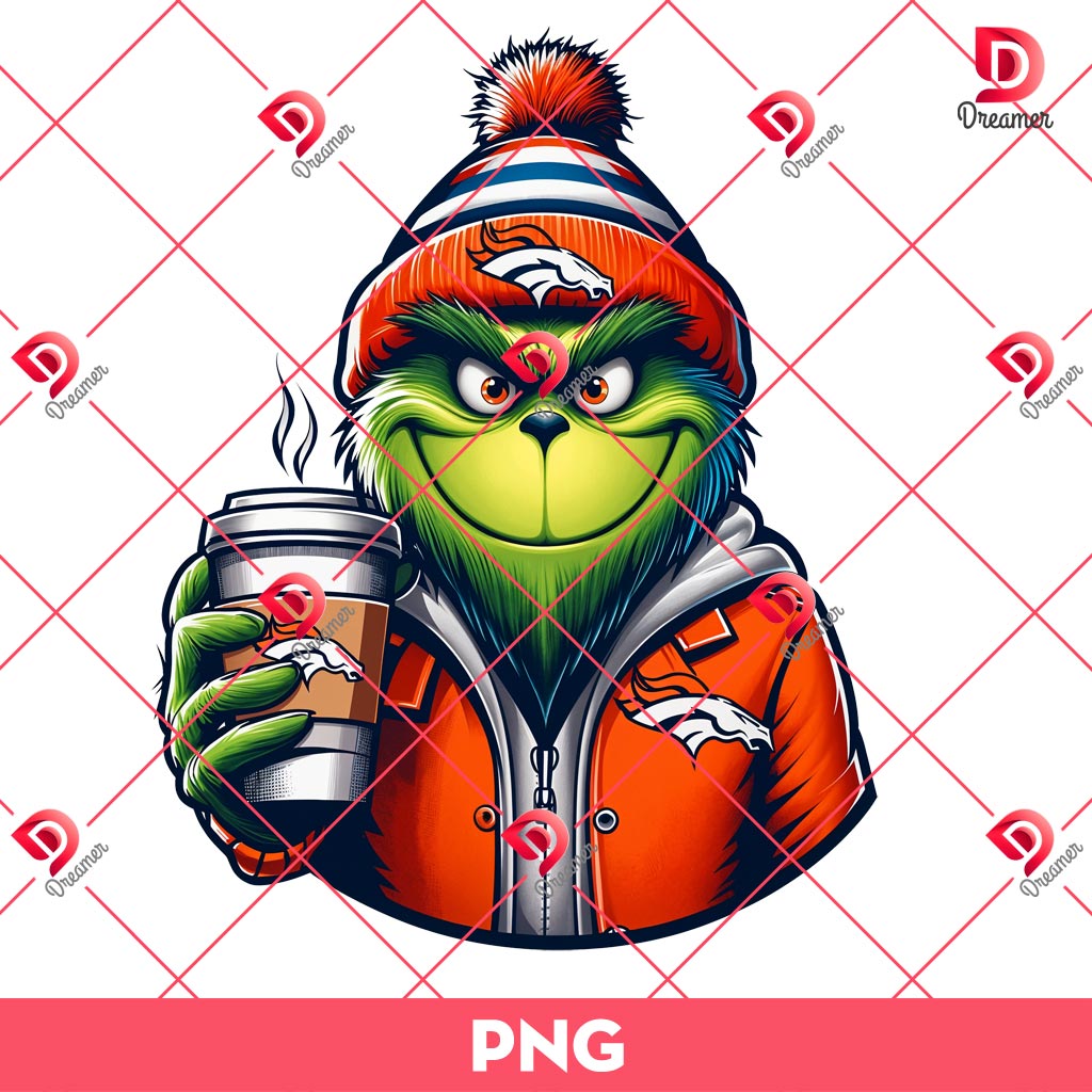 Denver Broncos Grinchmas PNG, Grinch Coffee NFL Broncos Football PNG