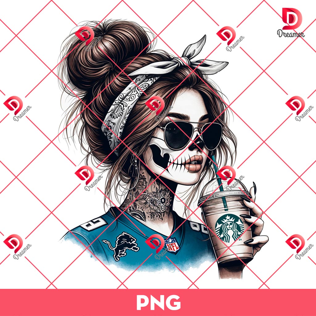 Detroit Lions Messy Bun Girl PNG, Chicana Football Lions PNG, Cute NFL Detroit Lions Girl Drinks Coffee PNG