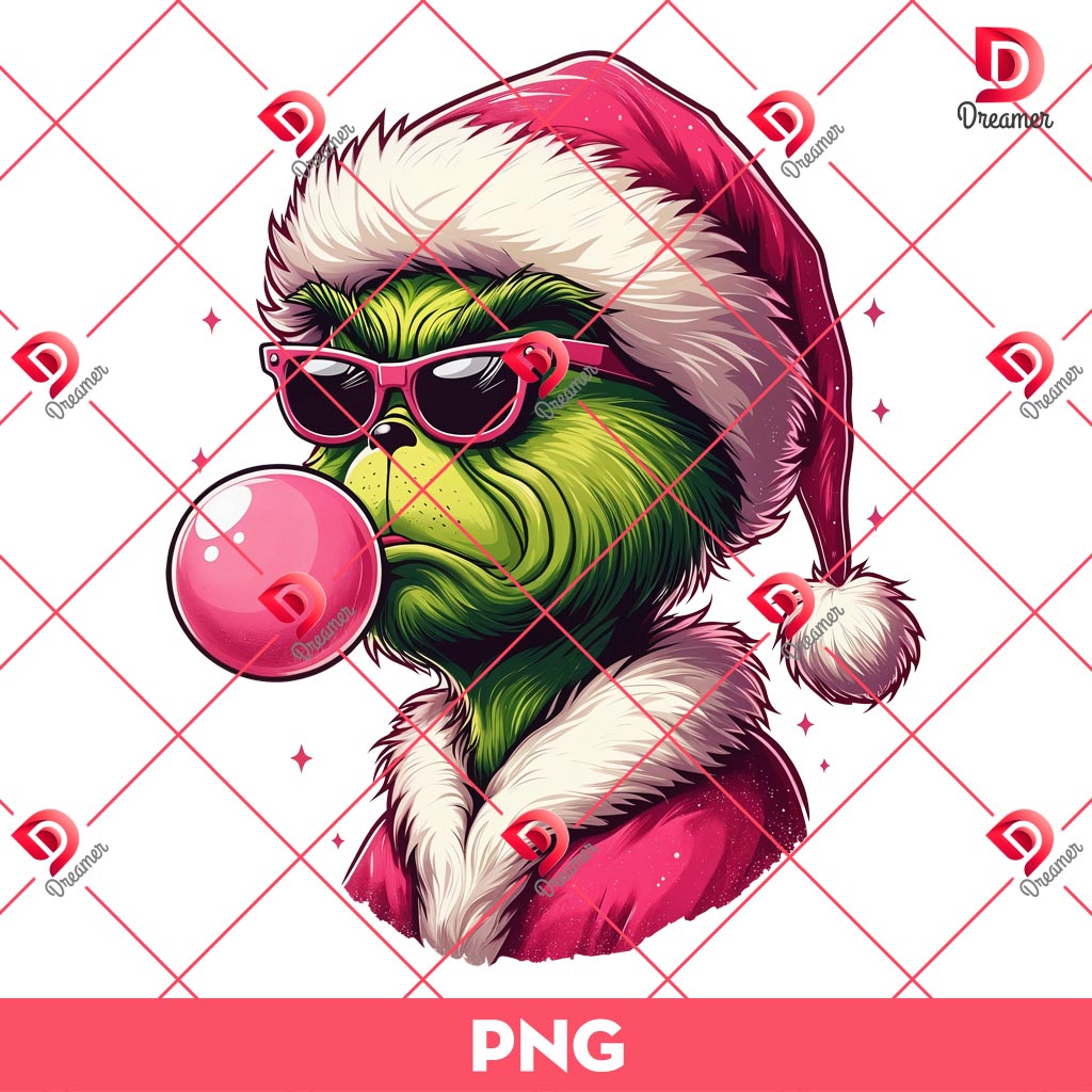 Grinch Blowing Bubble PNG, Pink Grinchmas PNG, Merry Xmas Grinch PNG
