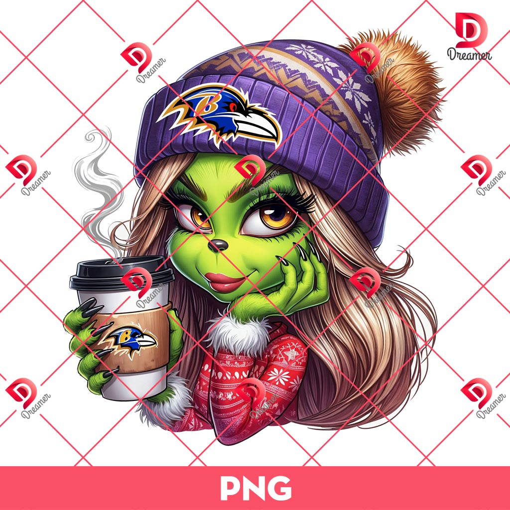 Grinch Girl Baltimore Ravens PNG, Cute Boujee Grinch Coffee NFL Football PNG
