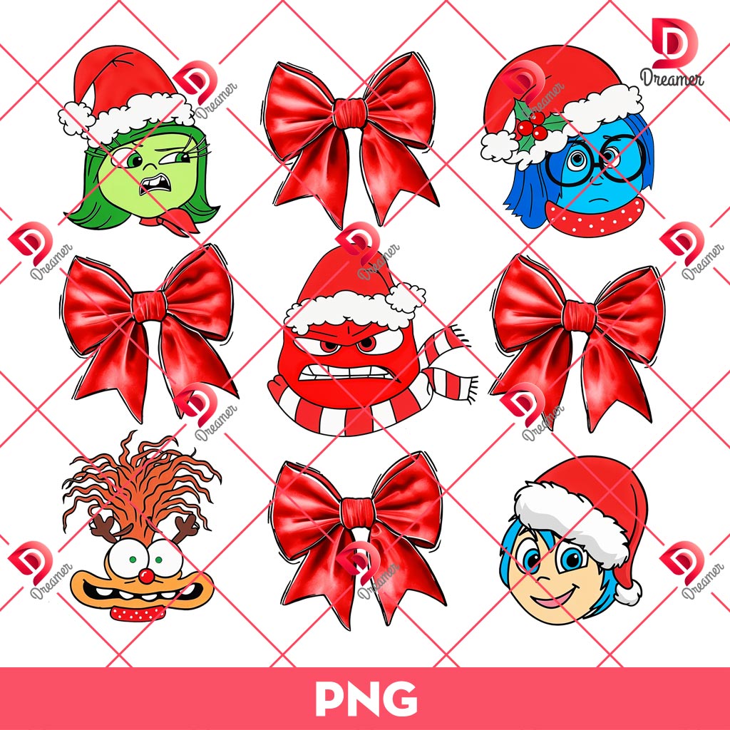 Inside Out Characters Coquette Christmas PNG, Merry Christmas Cartoon Inside Out PNG