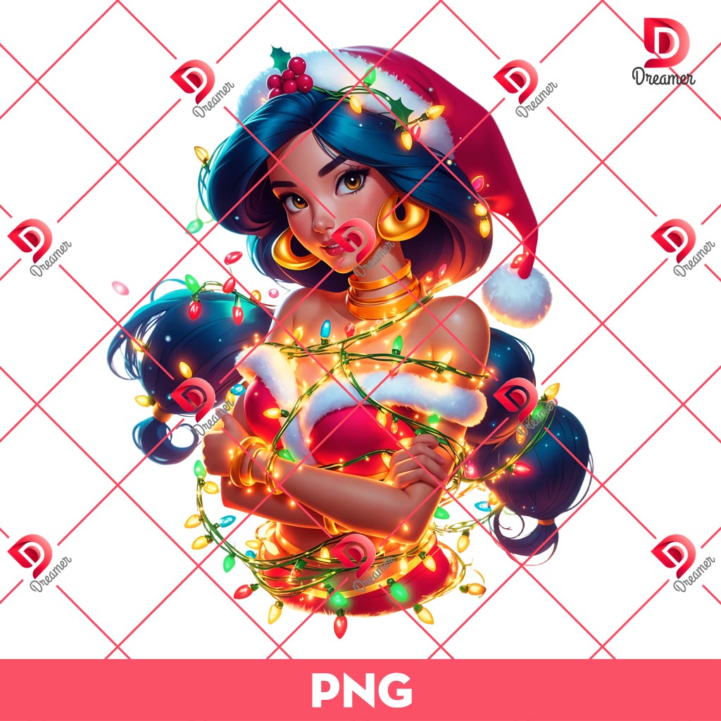 Jasmine Princess Christmas Lights PNG, Merry Christmas 2024 Disney Princess PNG