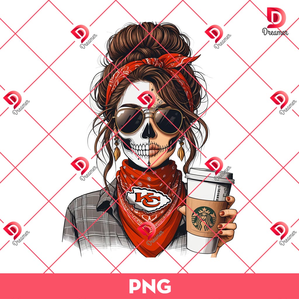 Kansas City Chiefs Chicana Drinks Starbucks Coffee PNG, Cute Messy Bun Girl NFL Football KC Chiefs PNG