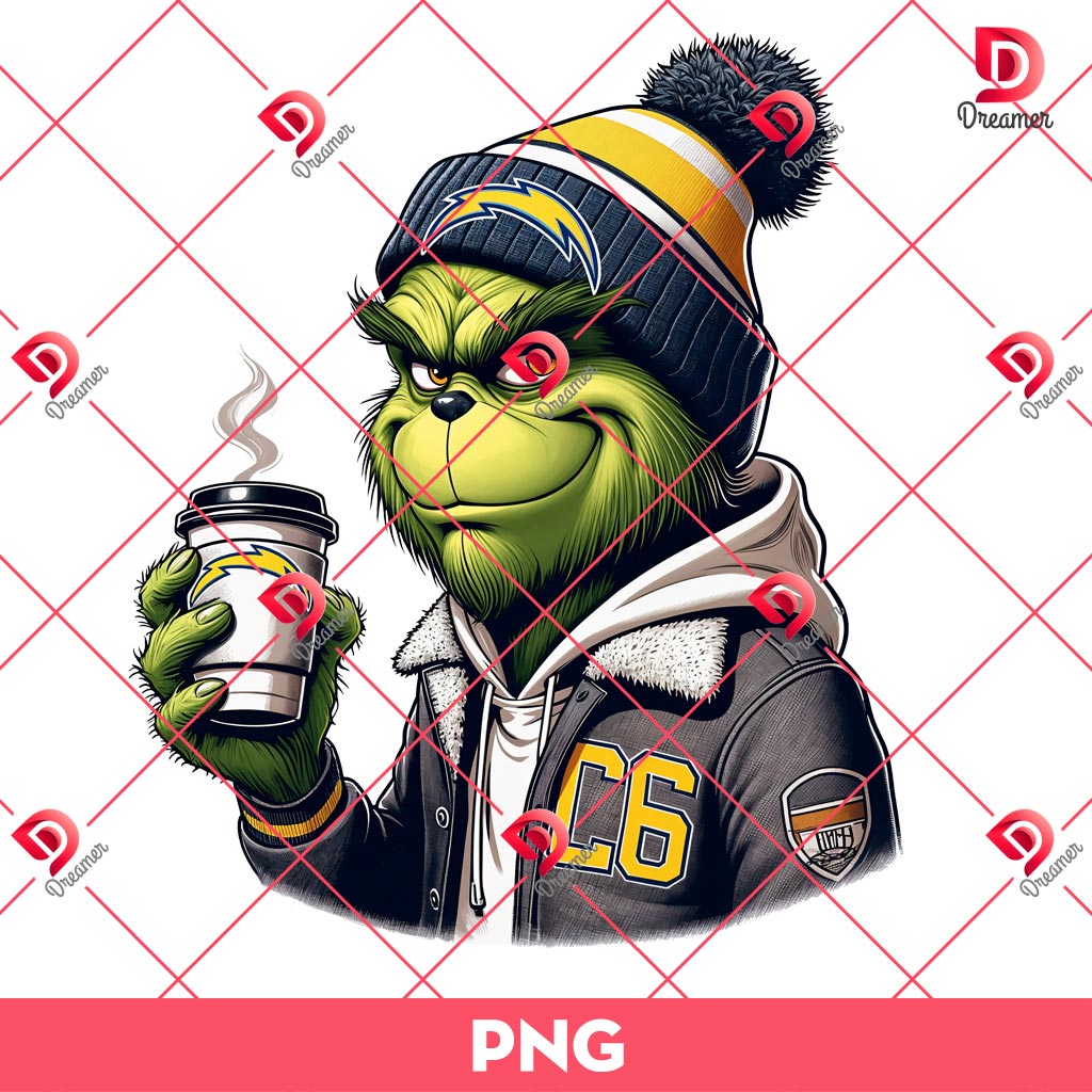 Los Angeles Chargers Grinch Christmas PNG, NFL Chargers Football Grinch Coffee PNG
