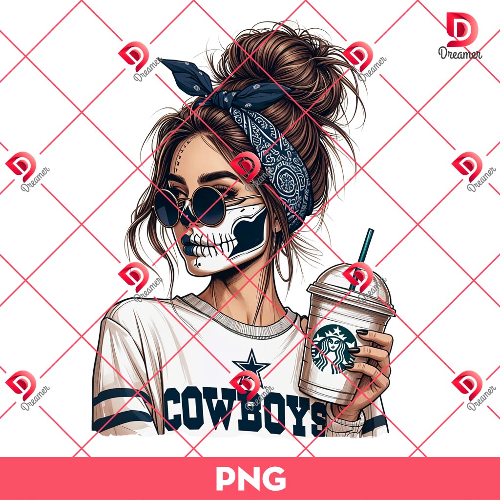 Messy Bun Lady Dallas Cowboys PNG, Skeleton Girl NFL Football PNG, Chicana Starbucks Coffee PNG