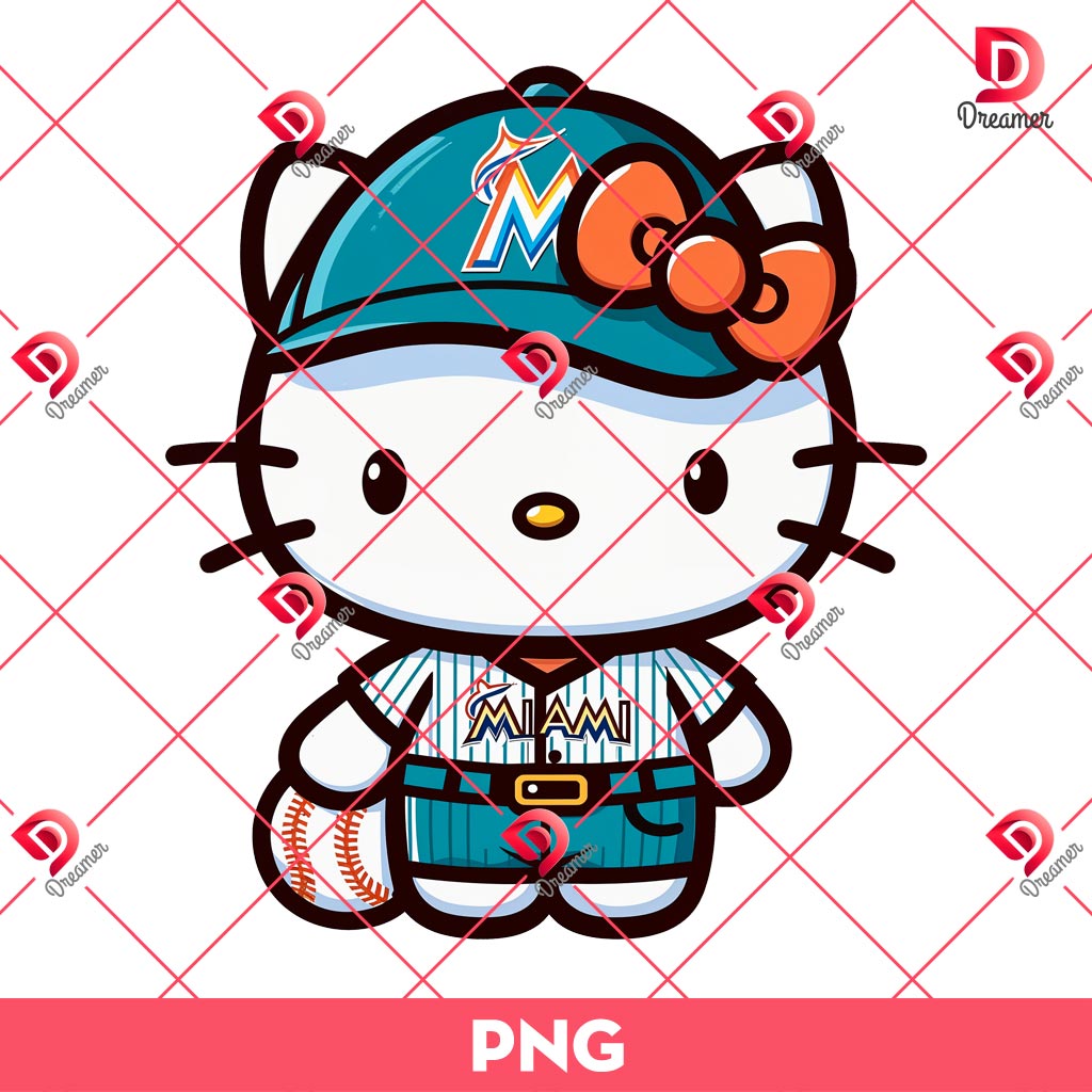 Miami Marlins Baseball Hello Kitty Player PNG, MLB Baseball Marlins Kitty PNG