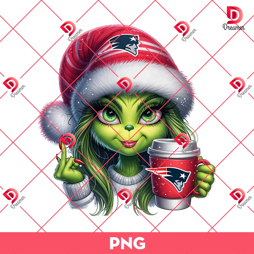 New England Patriots Cute Grinch Girl Coffee PNG, NFL Football Team Grinch Christmas PNG