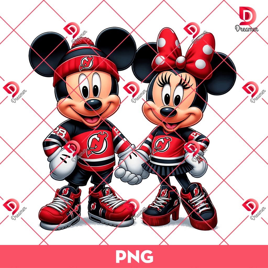 New Jersey Devils Mickey Minnie PNG, Disney Friends NHL Hockey Sport PNG