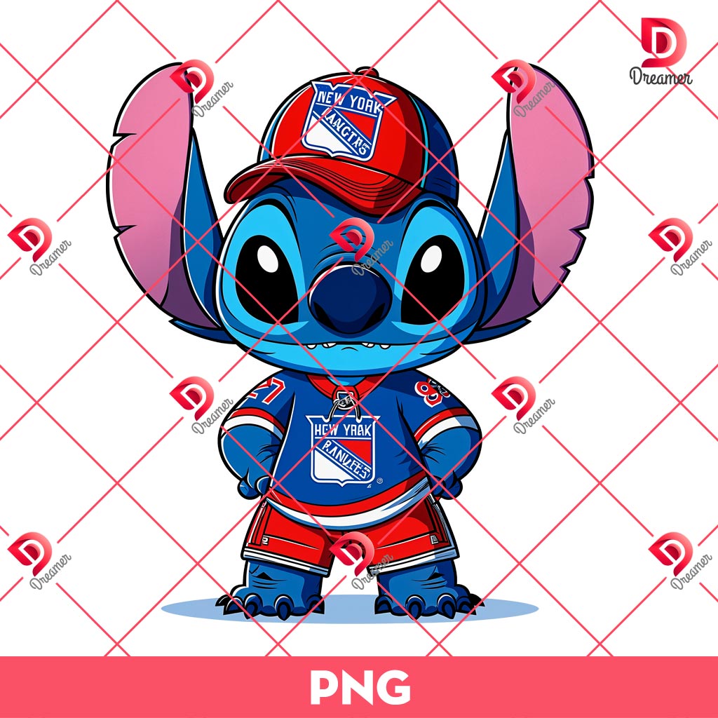 New York Rangers Disney Stitch PNG, Cartoon Disney Stitch NHL Hockey PNG