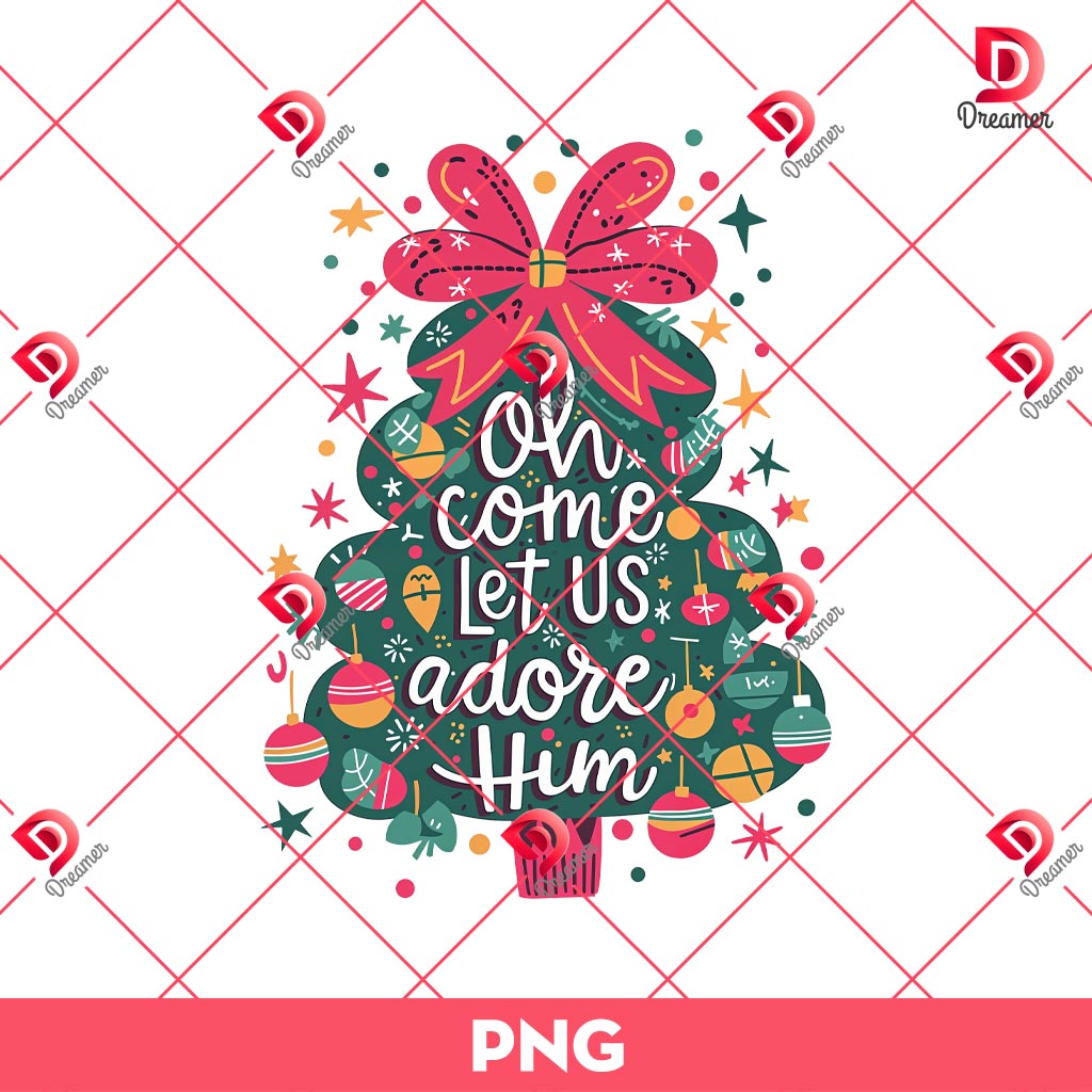 Oh Come Let Us Adore Him PNG, Coquette Christmas Tree PNG