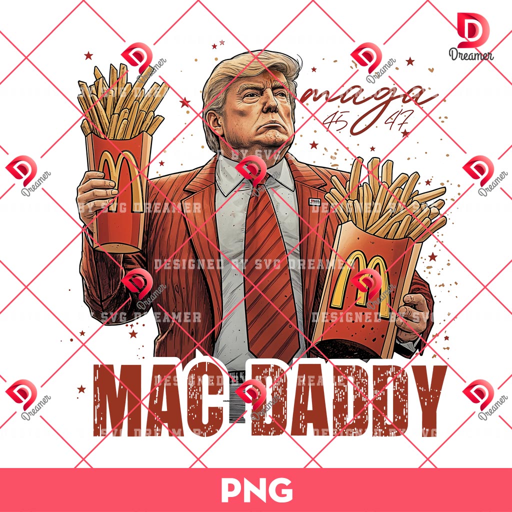 Original funny Trump making fries humor for middle-class voters, Kamala election MAGA 2024 Republican voters fast food Mac Daddy and hamburger PNG