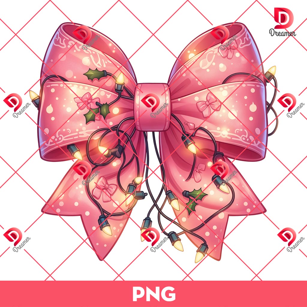 Pink Coquette Bow Christmas Lights PNG, Retro Coquette Christmas PNG