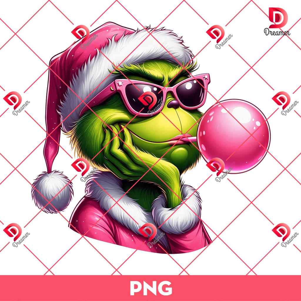 Pink Grinch Santa Blowing Bubble PNG, Pink Grinchmas PNG, Merry Christmas Grinch Pink Santa Outfits PNG