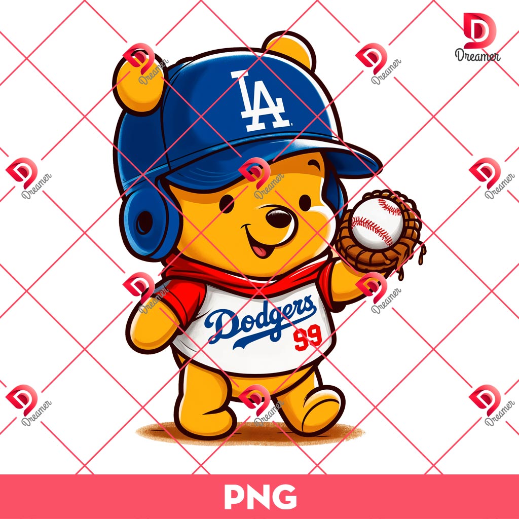 Pooh Bear LA Dodgers PNG, Los Angeles Dodgers Winnie The Pooh PNG, Disney Cartoon Baseball PNG