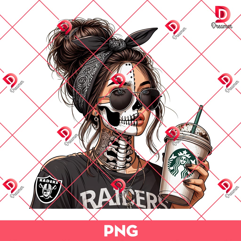 Raiders Girl Messy Bun PNG, Chicana Las Vegas Raiders Football PNG, Skeleton Messy Bun Girl Drinks Coffee PNG
