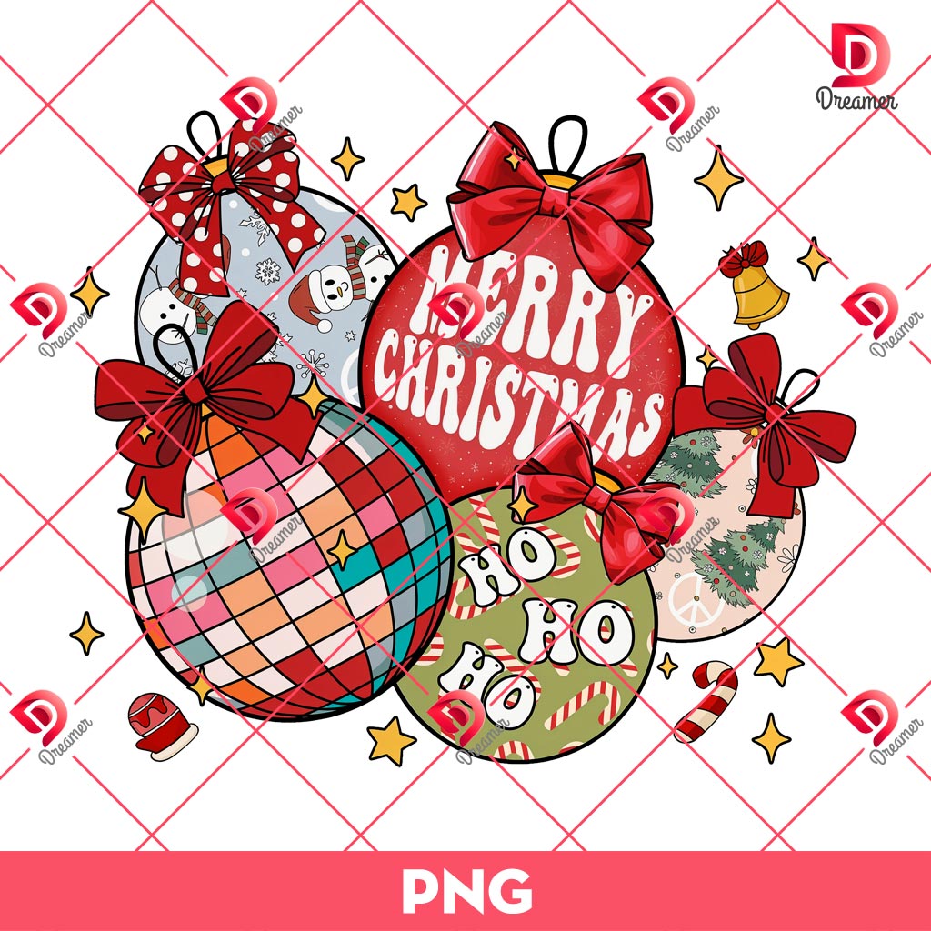 Retro Christmas Ornaments PNG, Christmas Coquette Bow PNG, Merry Christmas Ho Ho Ho PNG
