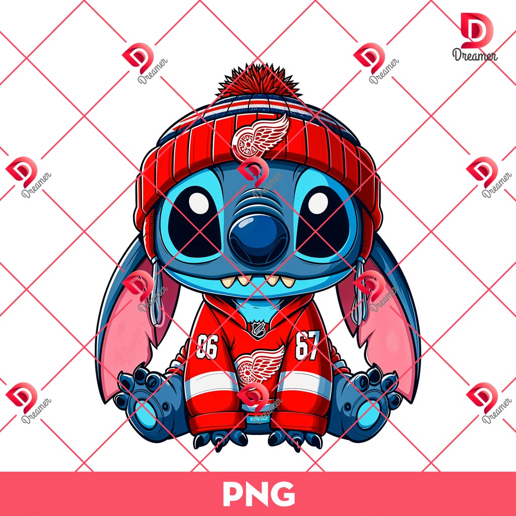 Stitch Detroit Red Wings PNG, Disney Stitch NHL Hockey Sport PNG