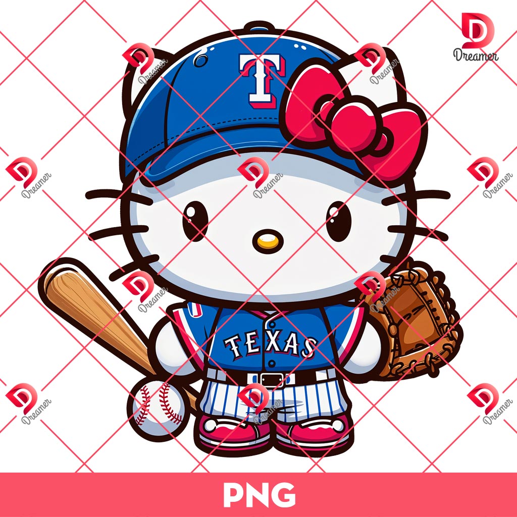 Texas Rangers Hello Kitty Baseball Player PNG, MLB Hello Kitty Rangers Team PNG