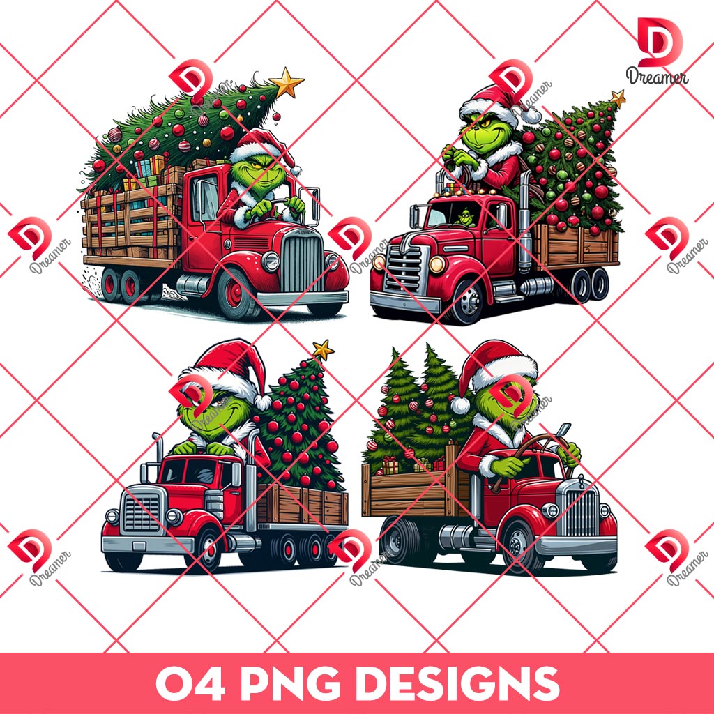 The Grinch Drives A Truck Carrying A Christmas Tree PNG Bundle