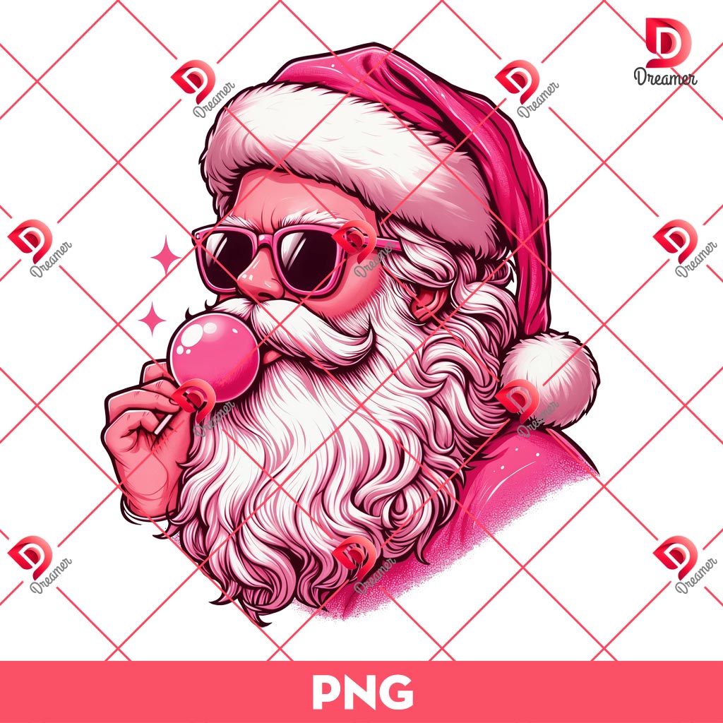 Vintage Pink Santa Claus Blowing Bubble PNG, Merry Christmas Santa Claus Wearing Sunglasses PNG