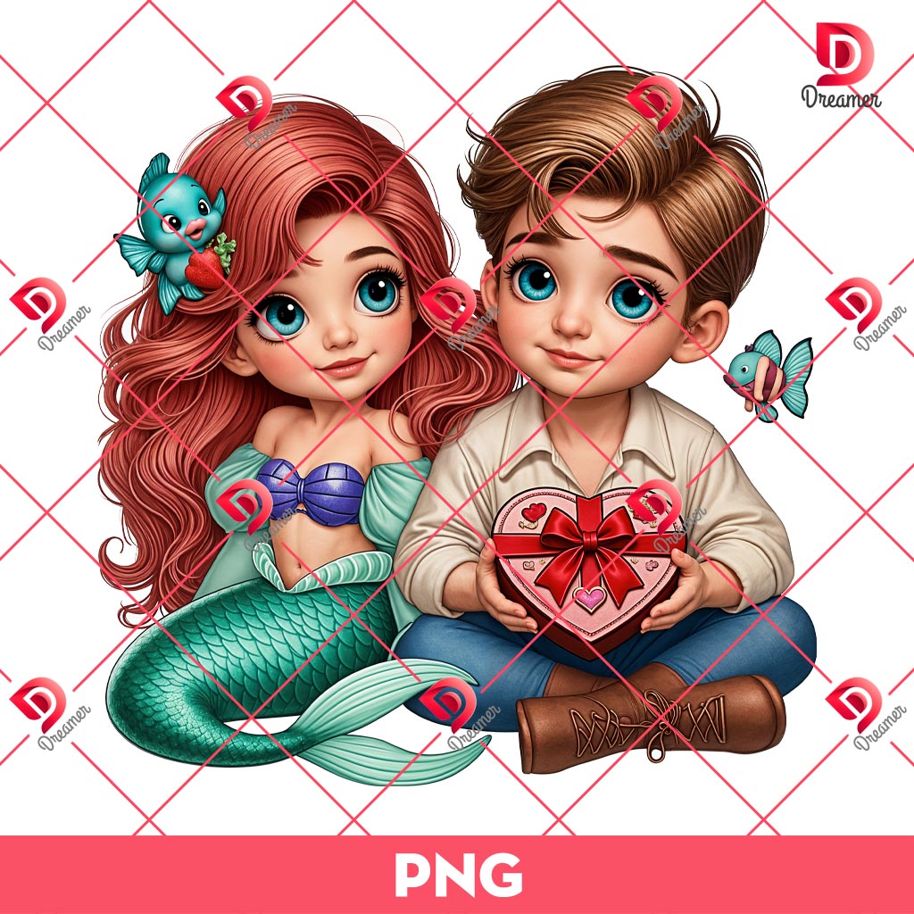Baby Mermaid Couple Valentine PNG, Ariel Princess And Eric Valentines Day PNG, Disney Couple PNG
