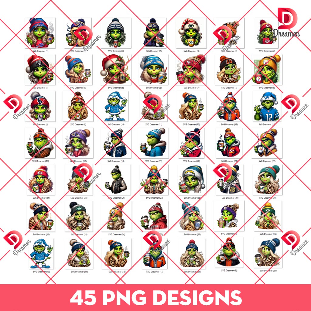 Bundle Bougie Grinch NFL Football PNG, Grinchmas Football Sport PNG Bundle