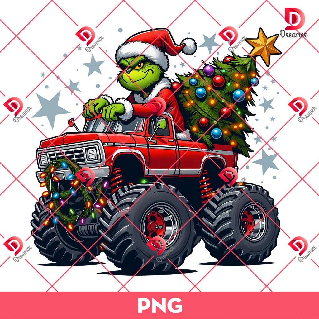 Christmas Grinch Drives Monter Truck PNG, Grinch And Christmas Tree PNG