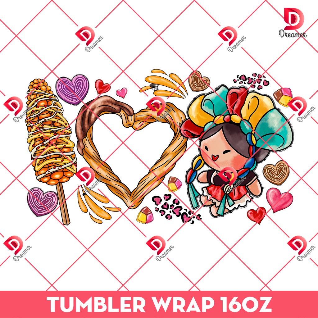 Conchas Elotes Churros Skinny Tumbler Wrap 16oz PNG, Happy Valentines Day PNG, Mexican Valentine Tumbler 16oz PNG