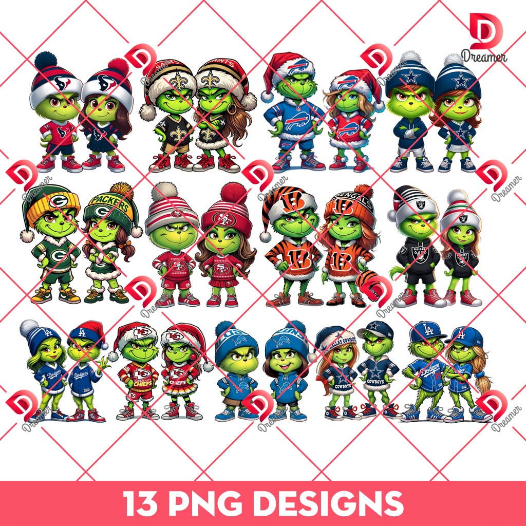Couple Grinch Christmas Sport Bundle PNG, Bundle Grinchmas Sport Baseball Football PNG