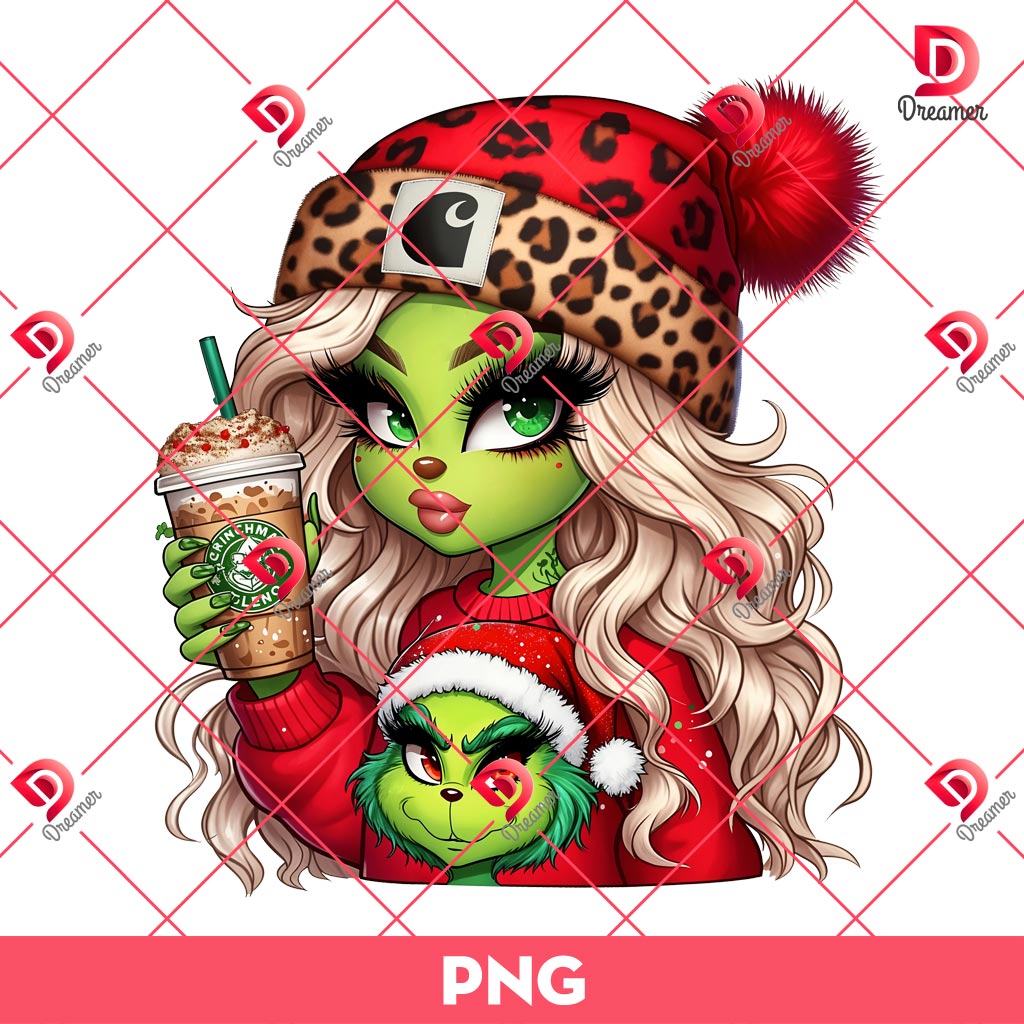 Cute Grinch Girl Drinks Coffee PNG, Grinch Boujee Leopard Christmas Hat PNG