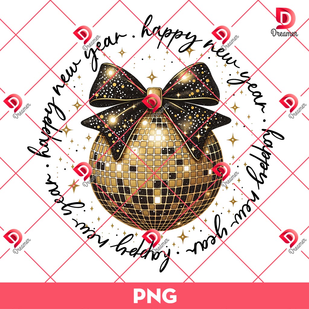 Happy New Year 2025 PNG, Black And Gold Glitter Disco Ball PNG