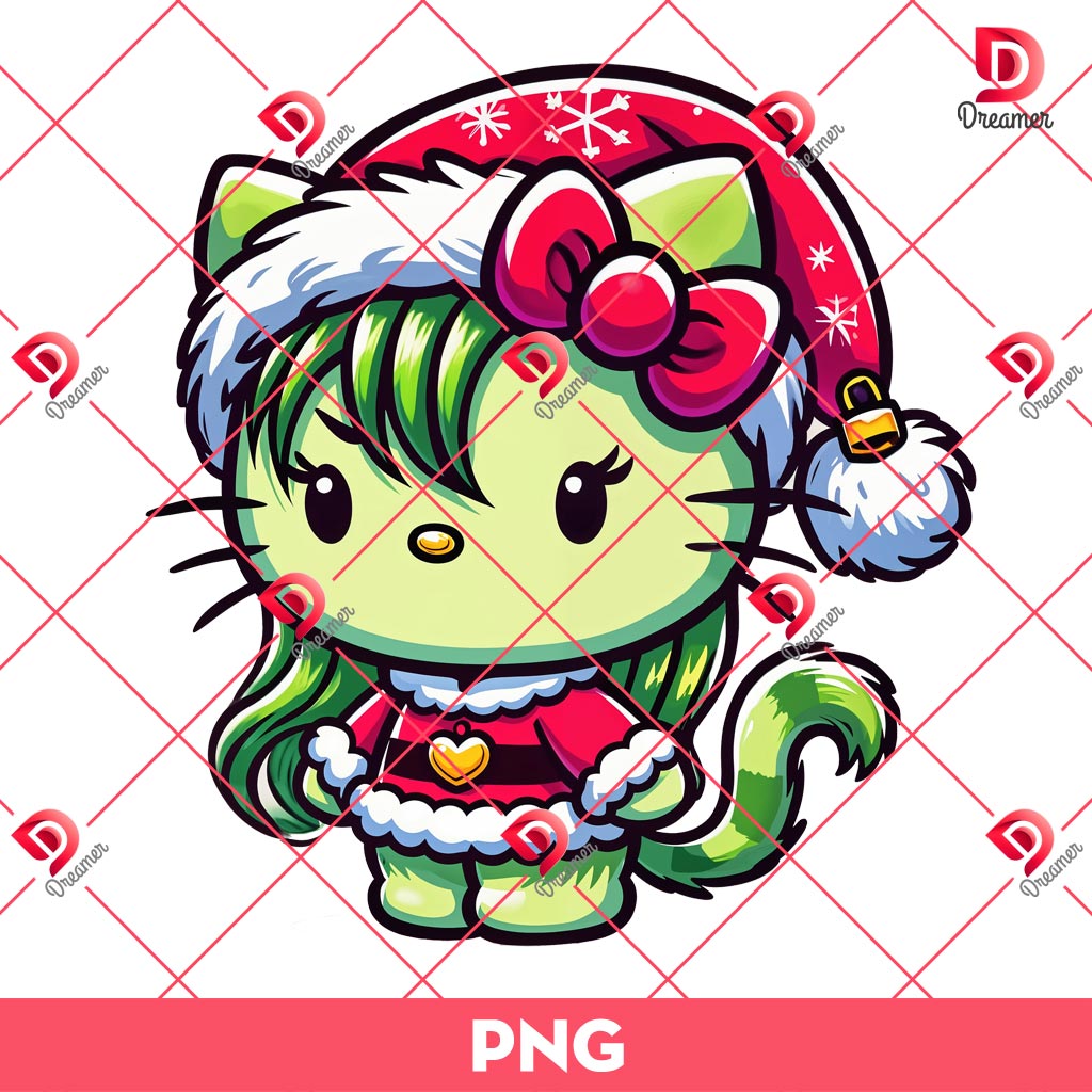 Hello Kitty Grinch Girl Christmas PNG, Cute Santa Grinch Girl Kitty PNG