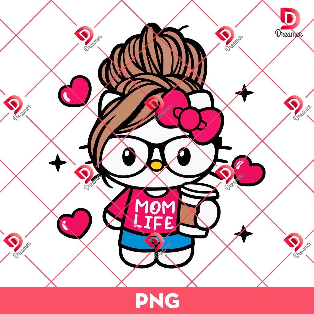 Hello Kitty Mom Life PNG, Messy Bun Kitty Mom Coffee PNG