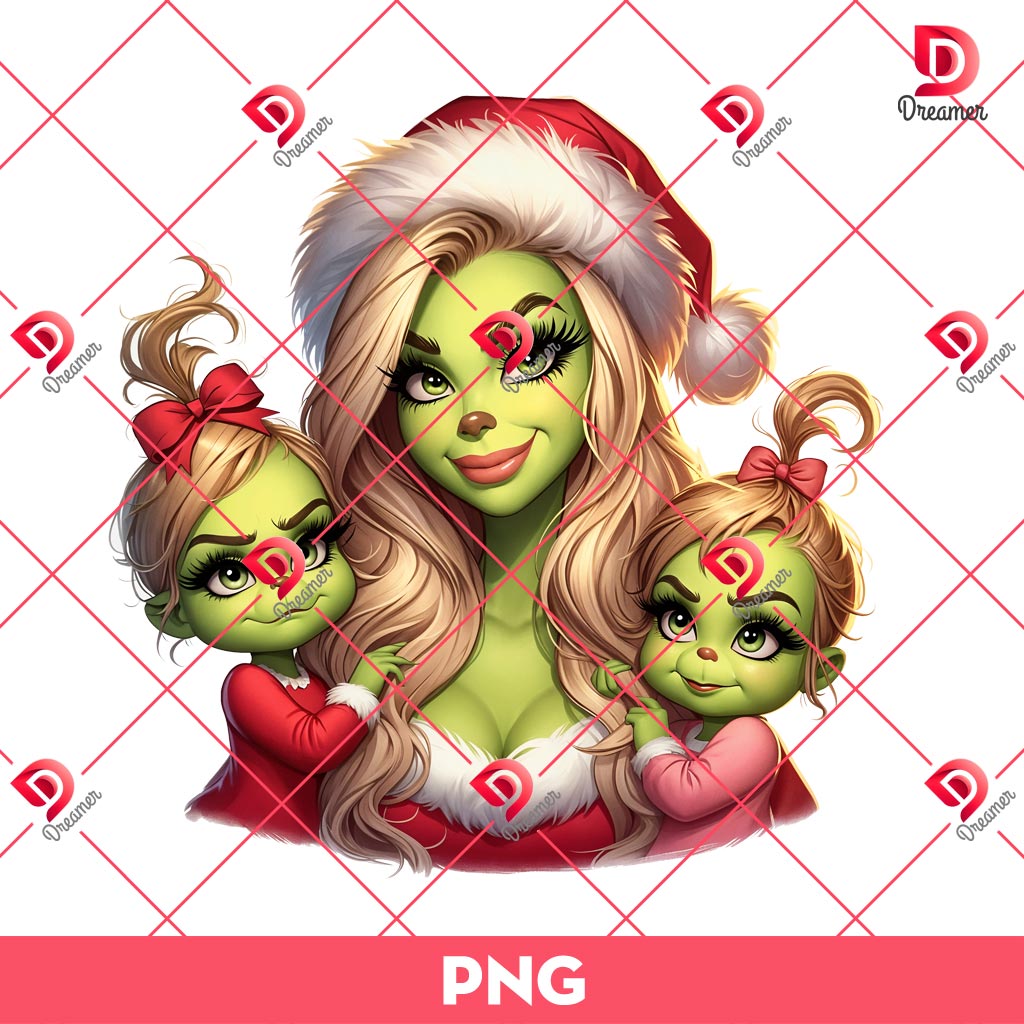 Mama Grinch With Her Two Little Daughters PNG, Grinch Mom And Daughters PNG