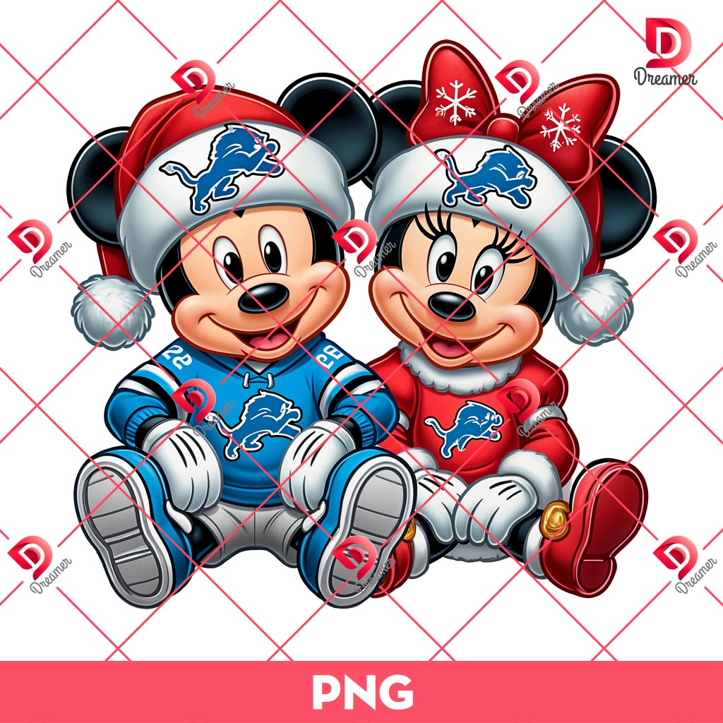 Mickey Minnie Detroit Lions Christmas PNG, Disney Christmas Football Mouse Friends NFL PNG