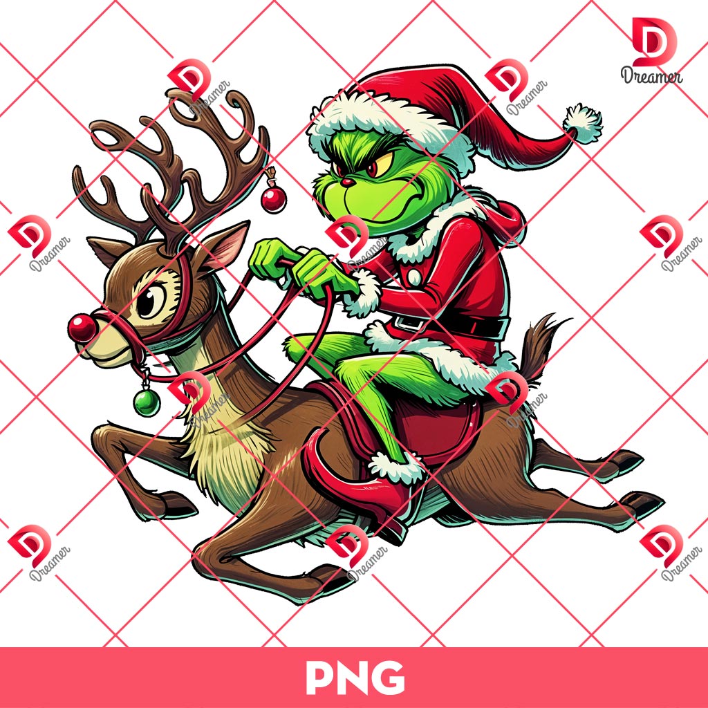 The Grinch Riding A Reindeer PNG, Merry Christmas Grinch With Reindeer PNG
