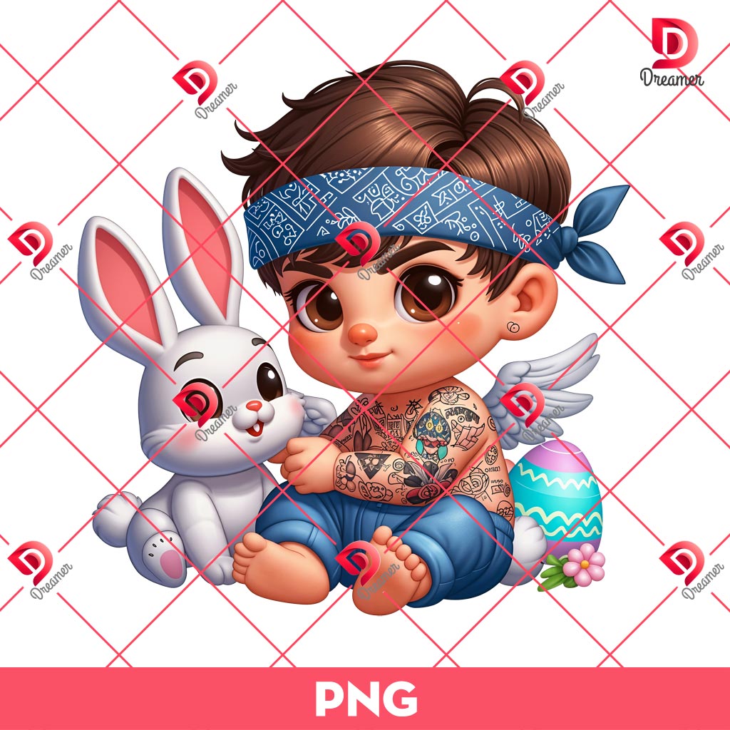 Angel Boy Easter PNG, Holiday Easter Bunny And Boy PNG, Chicano Easter PNG