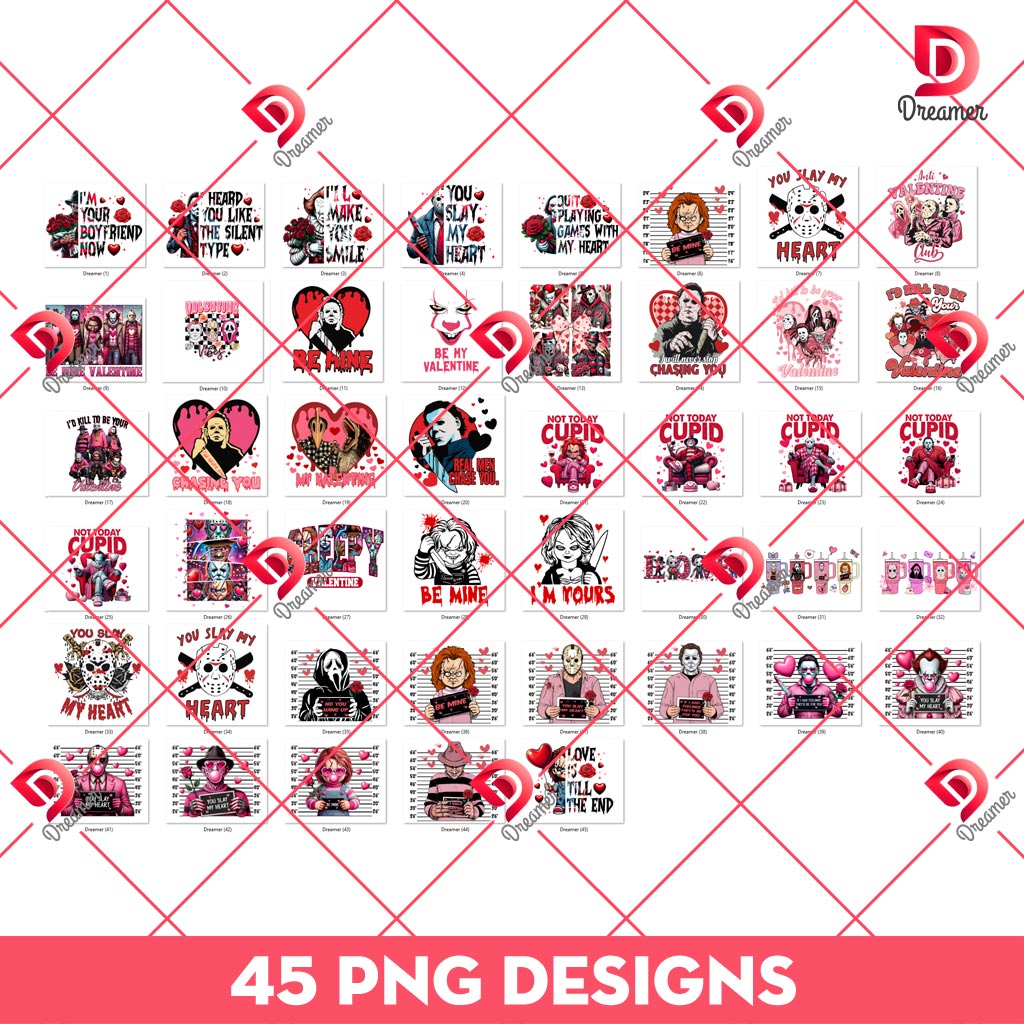 Bundle Horror Valentines PNG, Horror Killers Valentines Day PNG Bundle