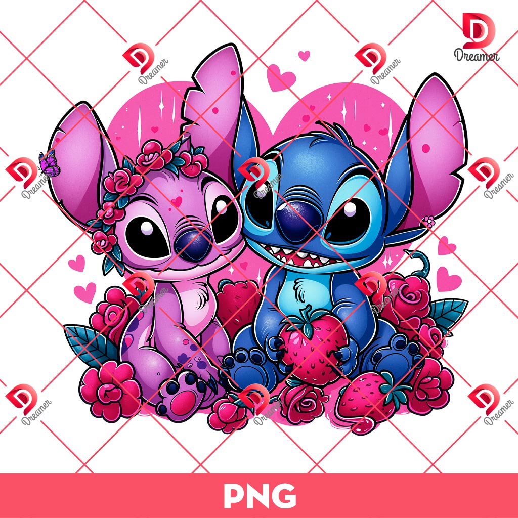 Couple Stitch With Rose And Strawberry PNG, Couple Stitch Valentines Day PNG