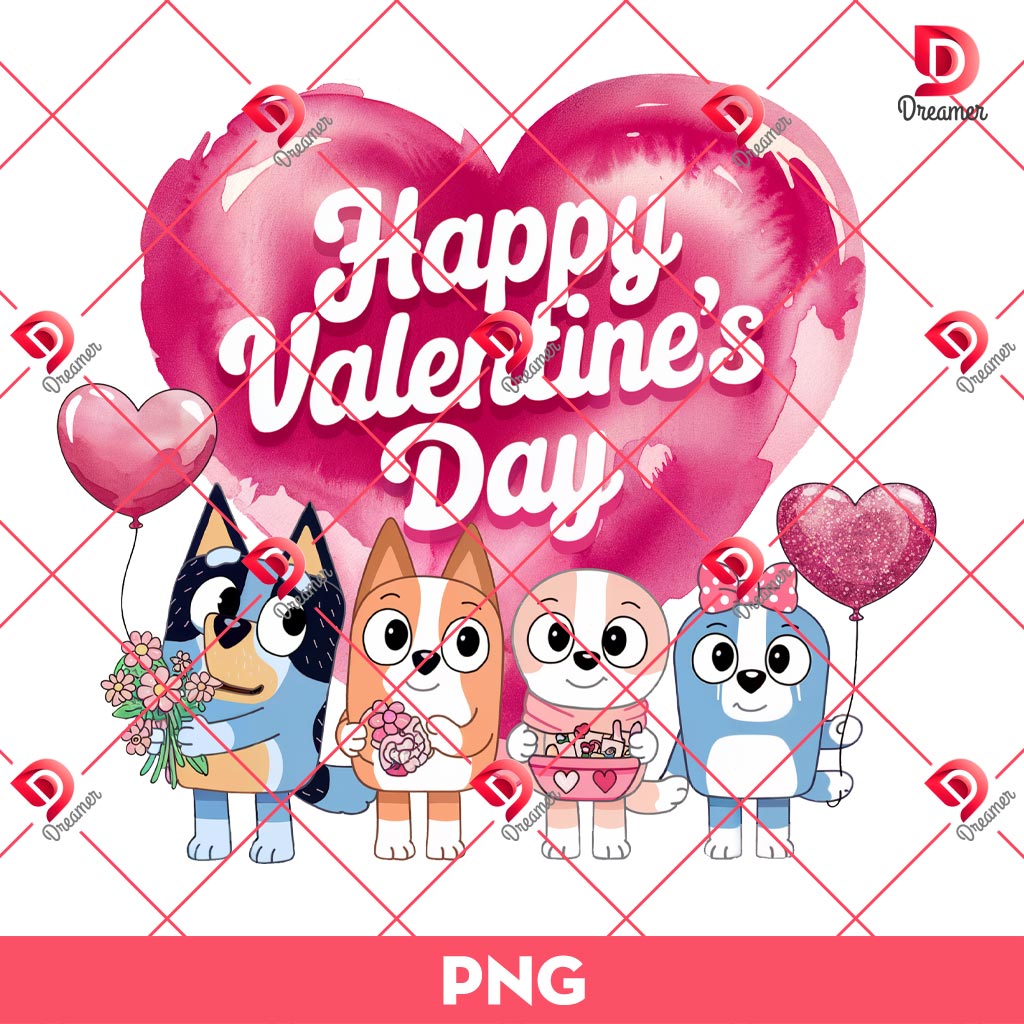 Happy Valentines Day Bluey Friends PNG, Bluey Valentines Day PNG, Bluey Bingo Heart PNG